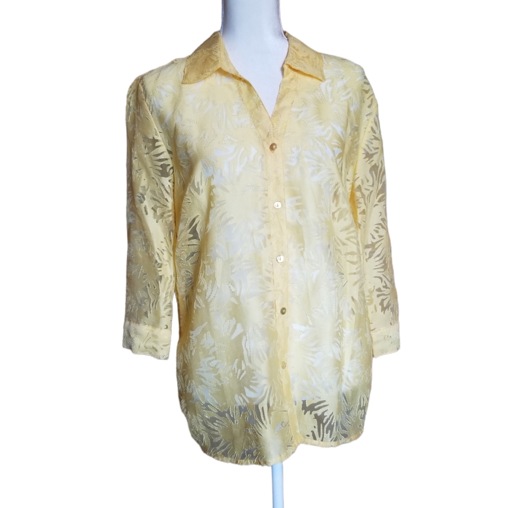 Valerie Stevens Sheer Blouse Button Yellow Floral 3/4 Sleeves Sz XL